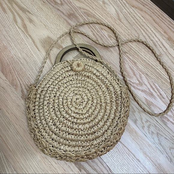 Straw Woven Circular Bag Purse Boho Beach Tan - Picture 1 of 8